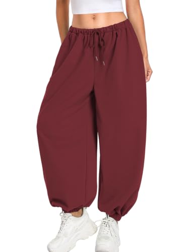 TITOMD Womens Baggy Balloon Pants Barrel Lightweight Wide Leg Sweatpant Red