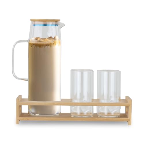 La Mejor Selección de Caracteristicas de un vaso de vidrio disponible en línea para comprar. 42 Jarra de Vidrio con Vasos y Tapa de Madera de Bambu de Diseño Minimalista - Jarra con Base de Madera y Juego de Vasos de Cristal Set de 4 Piezas 1.5 Litros