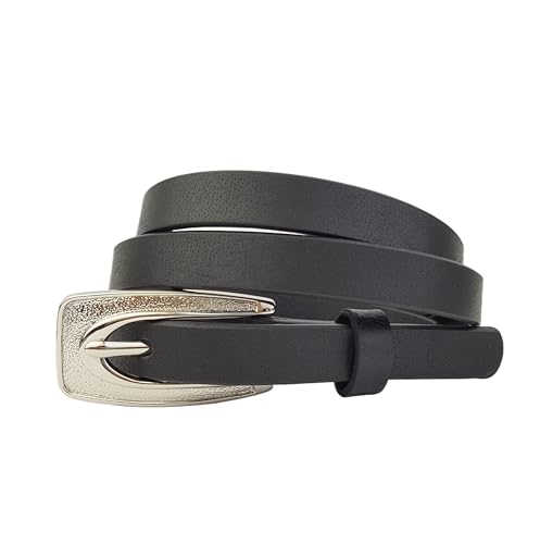 AXESORIA: Genuine Leather Skinny Belt w. Classic Silver Buckle Black S/M