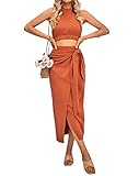 Women's 2 Piece Summer Outfits Mock Neck Tank Tops Split Draped Ruched Bodycon Midi Skirt Dress Set