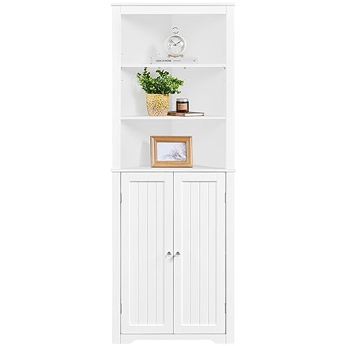 Yaheetech Tall Bathroom Corner Cabinet Freestanding Cabinet with Adjustable Shelves and 2 Enclosed Doors for Living Room Kitchen 163cm Height