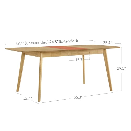Image of CHITA 59 inch-75 inch Extendable Dining Room Table for 4-6, Modern Wood Dining Table for Small Spaces, Kitchen, Space Saving Hidden Leaves, Solid Rubberwood Frame, Oak Veneer