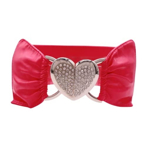 Women Pink Wide Fashion Belt - Hip High Waist Elastic Band Silver Heart Love Buckle Size S M