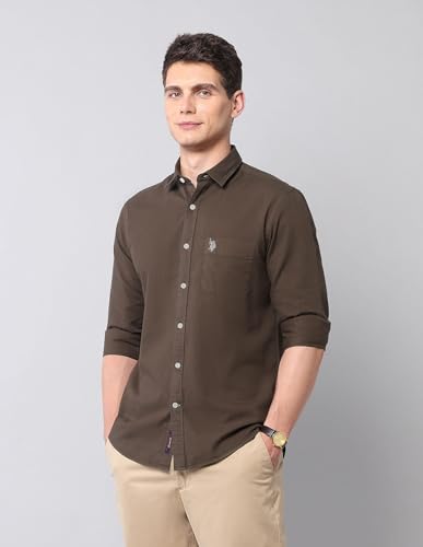 Image of U.S. Polo ASSN. Solid Slim Fit Shirts for Men - 100% Cotton, Full Sleeve Mens Casual Shirts
