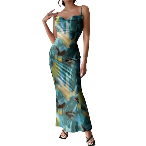 Image of Women's Spaghetti Strap Maxi Dress Floral Print Bodycon Long Dress Summer Beach Vacation Wedding Guest Outfits