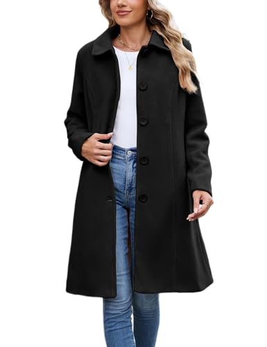 Image of UANEO Womens Pea Coat Faux Wool Single Breasted Long Trench Coat Peacoat Dress Coat Winter (Black-S)