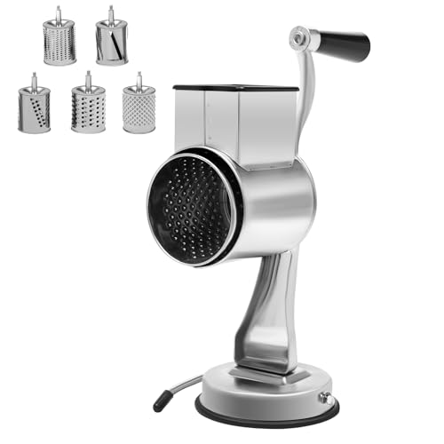 Stainless Steel Rotary Vegetable Cheese Grater Potato Slicer, 5-In-1 Countertop Cheese Grater Manual Kitchen Shredder Round Food Chopper with Blades for Cafeterias Restaurants Hotels