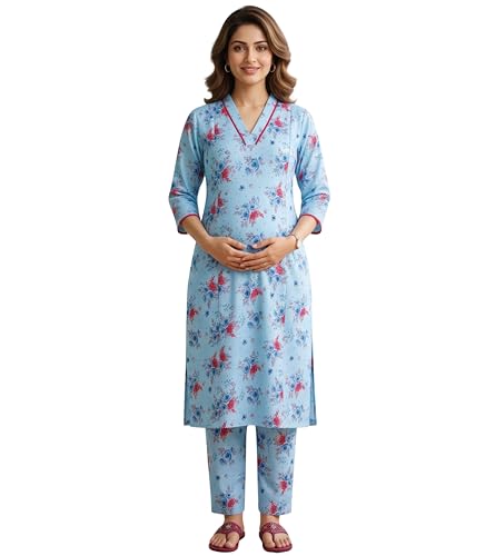 Image of DUMMY SHAPE Maternity Dresses for Women Cotton | Floral Kurta Pant Dupatta Set with Nursing Zippers, Side Pocket | Pre & Post Pregnancy | Feeding Kurti Suit | Baby Shower | Gifts for Pregnant Woman