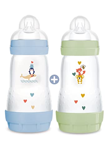 MAM Biberon Easy Start Anti-Colique avec base aérée, 2 x 260 ml – 2+ mois – Tétine débit 2, vitesse moyenne – Bleu, Vert, 2 Unité (Lot de 1)