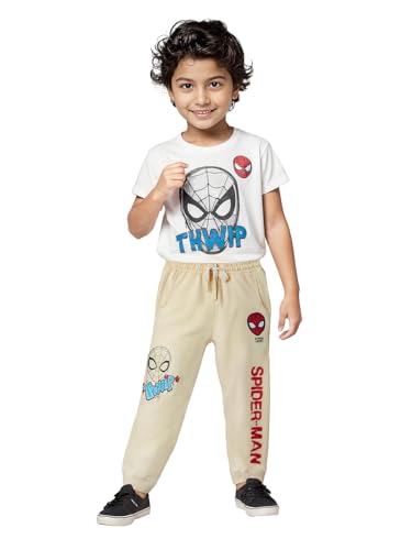 Image of The Souled Store Spider-Man: Thwip Boys Drawstringed Regular Fit Off White Cotton Joggers (2-8 Yrs)