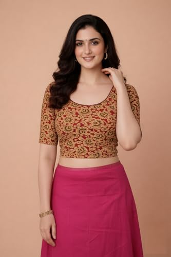 Image of Amazon Brand - Anarva Women's Kalamkari Print Cotton Stretchable Round Neck Readymade Saree Blouse