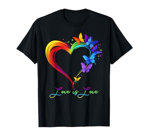 Rainbow Love Is Love LGBT Gay Lesbian Pride Butterfly Heart T-Shirt