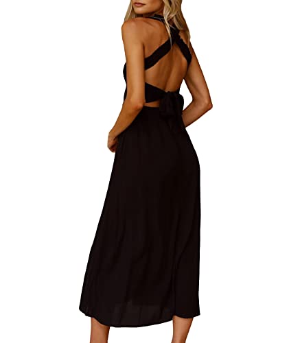 Image of Sexyshine Women's Square Neck Halter Lace Up Criss Cross Maxi Dress Tie Back Sleeveless Smocked Ruched A Line Dress