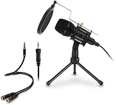Microphone for PC, Hredxin PC Microphone, Condenser 3.5mm Microphone, PC Gaming Mic with Tripod Stand & Pop Filter for Streaming, Podcasting, Vocal Recording (3.5mm)