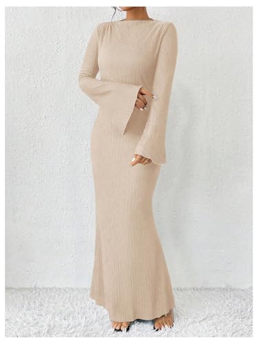 Image of GORGLITTER Women's Bell Long Sleeve Cocktail Maxi Dress Crew Neck Bodycon Fishtail Casual Long Dresses