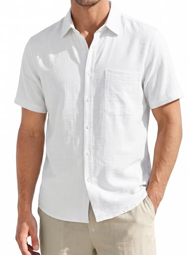 Image of HISDERN Mens Linen Shirts Short Sleeved Summer Casual Button Down Shirt Cotton Regular Fit Beach Holiday Tops with Pocket White XL