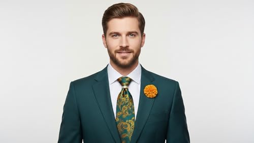 Image of 5PCS Tie and Pocket Square for Men, Silk Necktie and Handkerchief Cufflinks with Gold Ring and Lapel Pin Set