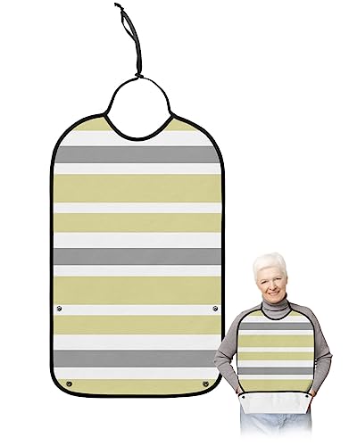 Yellow Gray Striped Adult Bibs for Eating, Waterproof Bibs with Food Catcher & Adjustable Snap Closure, Modern White Abstract Art Aesthetics Clothing Protectors Adult Bibs for Elderly Women/Men