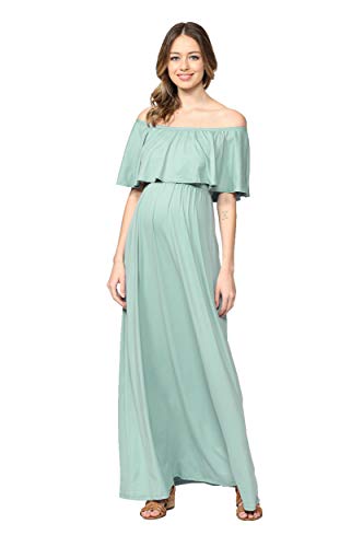HELLO MIZ Women's Ruffle Off The Shoulder Maxi Maternity Dress - Made in USA, Sage Solid, Medium