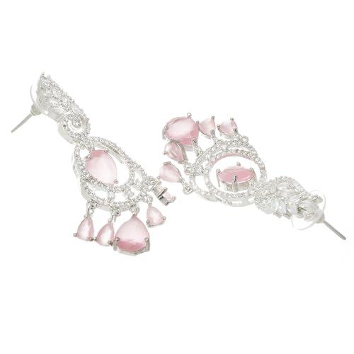 Image of ZENEME Rhodium-Plated American Diamond Studded Oval & Leaf Shaped Drop Earrings For Girls and Women