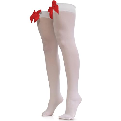 Skeleteen Bow Accent Thigh Highs - White Over the Knee High Stockings with Red Satin Ribbon Bow Accent for Women and Girls