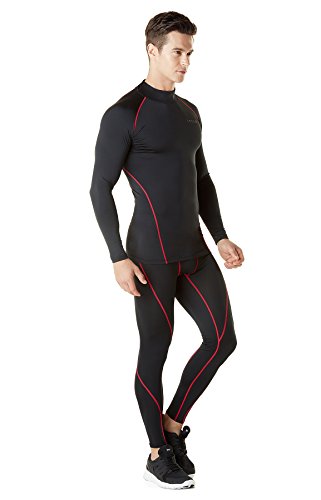 TSLA Men's Thermal Long Sleeve Compression Shirts, Mock/Turtleneck Winter Sports Running Base Layer Top, Thermal Mock Neck(yut32) - Black & Red, Medium