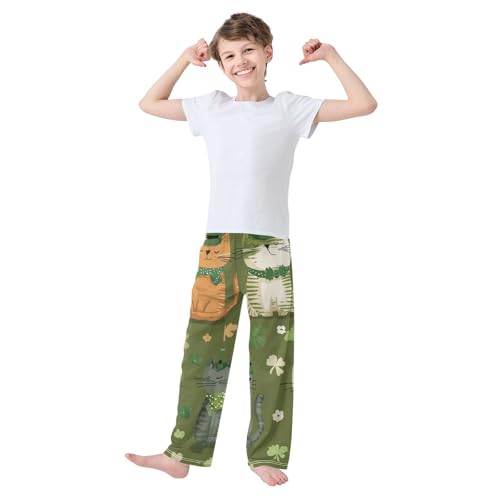 Lucky Clovers Cat Boys Long Pants Soft Trousers Elastic Waist Kids Lounge Bottoms with Pockets S-XL3