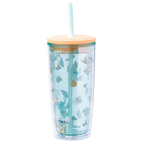 Image of Silver Buffalo Disney Lilo and Stitch Featuring Stitch in Hawaiian Shirt, Lei, and Coconut Drink and Tropical Vibes Pattern Spill Resistant Plastic Tumbler and Straw, 20 Ounces