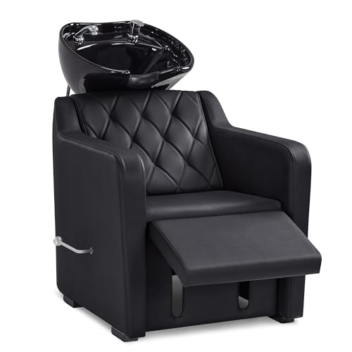 BarberPub Chaise de barbier avec lavabo, Repose-Pieds Rabattable, lavabo de Coiffure en céramique réglable, Fauteuil de Coiffure pour Salon Spa, Poste de...