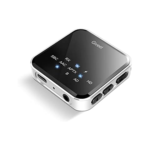 Giveet Bluetooth 5.2 Transmitter Receiver for TV to Wireless Headphones/Speakers, APTX Adaptive/HD/Low Latency Wireless 3.5mm AUX Audio Adapter for PC Airplane Car Boats Gym, 15hrs Playtime, Dual Link Cover