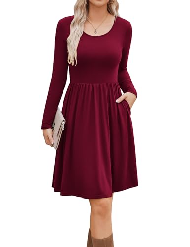 Zeagoo Damen Kleider Langarm Rundhals Freizeitkleider Elegant Tunika Kleid A-Linie Midikleid Mit Taschen Weinrot S