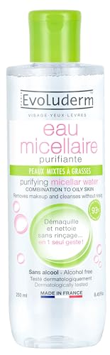 EVOLUDERM - Eau Micellaire Démaquillante Peaux Mixtes à Grasses - 250 ml - 93% d'Origine Naturelle - Végan - Fabrication Française