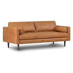 POLY & BARK Cognac Tan Brown Leather Couch – 88.5″ Mid Century Leather Sofa with 2 Bolsters – Full Grain Camel Leather Couch – Feather-Down Topper On Seating Surface – Pure-Aniline Italian Leather