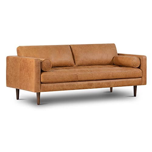 POLY & BARK Cognac Tan Brown Leather Couch – 88.5″ Mid Century Leather Sofa with 2 Bolsters – Full Grain Camel Leather Couch – Feather-Down Topper On Seating Surface – Pure-Aniline Italian Leather