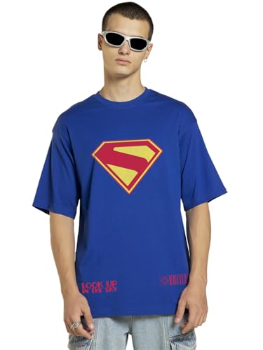 Image of Bewakoof X DC Superman Men's 100% Cotton Graphic Print Oversized Fit Half Sleeve Round Neck T-Shirt | Casual Wear | Street Wear | Oversized t Shirt for Men Cotton | Baggy