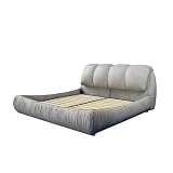 Queen Size Upholstered Platform Bed With Oversized Padded Backrest, Thickening Pinewooden Slats And Metal Leg,Gray