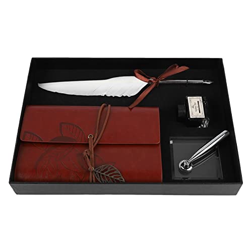 Kuuleyn Retro Notebook, Retro Fountain Pen, Luxury Fountain Pen, Retro Leather Notebook with Fountain Pen Feather Dip Pen Ink Bottle Set Stationery Gift Box for Gift Friend(White)