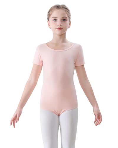 FONLAM Maillot de Ballet Danza para Niña Maillot de Gimnasia Rítmica Manga Corta Leotardo de Baile Ballet Danza (12-13 Años, Rosa)
