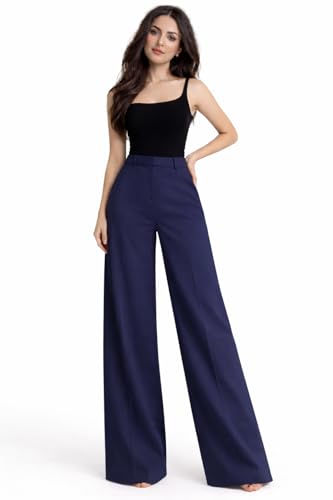 Image of Women’s Bell Bottom Pants Wide Leg Flared Trousers High Waist Stretchy Smart Casual Wear (Navy,L27 W18)