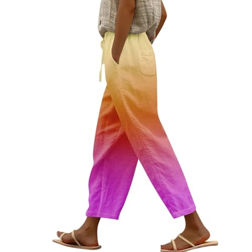 Pantalones de verano para mujer ligero fluido elástico verano lino fluido pantalones de cintura alta ancha casual 7/8 ligero suelto con bolsillos chic casual trabajo yoga pantalones de playa, Rosa