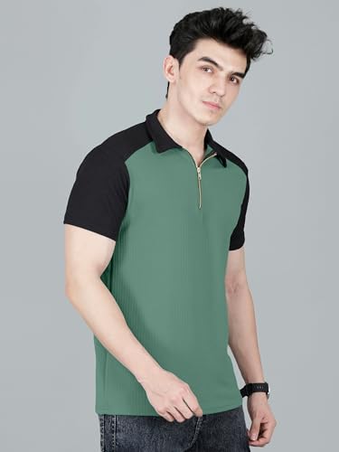 Image of London Hills Men's Loose Fit Half Sleeve Color Block Polo T-Shirt with Zip Collar | Premium Polyester Fabric | T Shirt for Man | Tshirt | Shirts Men | Tshirt for Man | Men T-Shirts