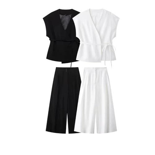 Women's Summer Two Piece Set Linen Double Breasted Vest And Wide Leg Pants Business Office Set2