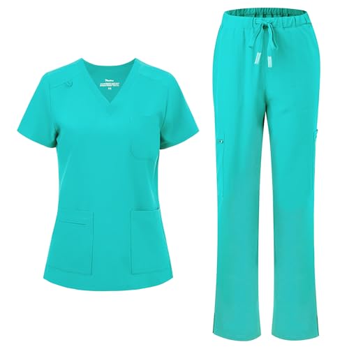 floralhue Scrubs for Women V-Neck Scrubs Top & Cargo Pants with 12 Pockets Yoga Waistband 4 Way Stretch Teal XL
