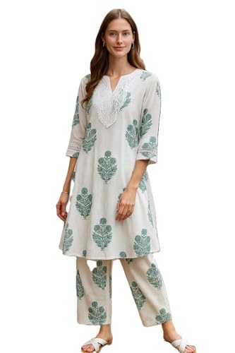 Image of LookMark Women's Cotton Blend Printed Kurti with Straight Bottom, Regular Fit Kurti Set