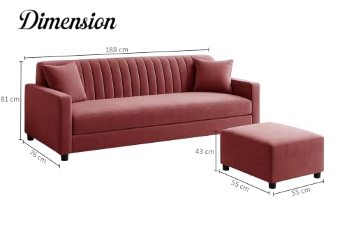 Image of Modern Three Seater Wooden Sofa Set with Ottoman, Soft Velvet Upholstery, Comfortable Couch for Living Room, Office & Apartment - Rose Pink Color