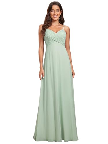 Ever-Pretty Abito Cerimonia Donna Donna Lungo Scollo a V Senza Maniche Linea ad A Chiffon Senza Schienale Abito Damigella d'Onore Comodo Menta Verde 54
