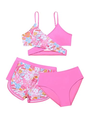 Image of SweatyRocks Girl's Floral Print Criss Cross Bikini Sets 3 Piece Bathing Suit Swimsuit with Beach Shorts