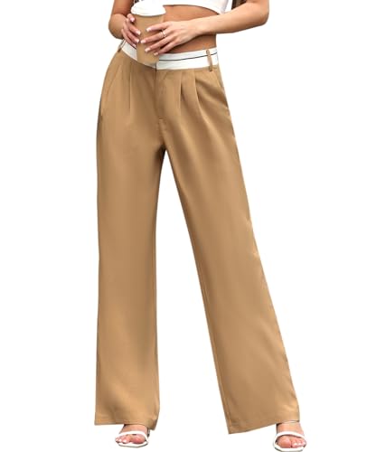 ALSOGO Women's Wide Leg Pants High Waisted Business Office Casual Dressy Pants Flowy Trousers with Pockets
