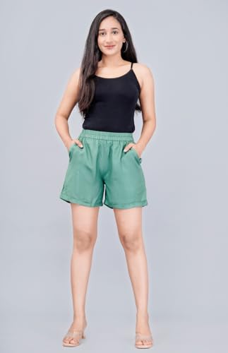 Image of Women's Cotton Regular Relaxed Fit Solid Print Design Thigh Length Casual Summer Running Yoga Gym Night Wear Shorts Elastic Waistband and Drawstring with Pocket