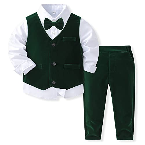 Kimocat Boys' 4-Piece Formal Suit Set Dress Shirt Vest Pants and Tie Wedding Birthday Party Suit (as1, Age, 1_Year, Green)